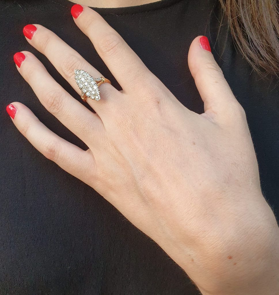 Bague Vintage Or 18 Carats – Diamants Et émeraude, Taille 54, Forme Marquise
