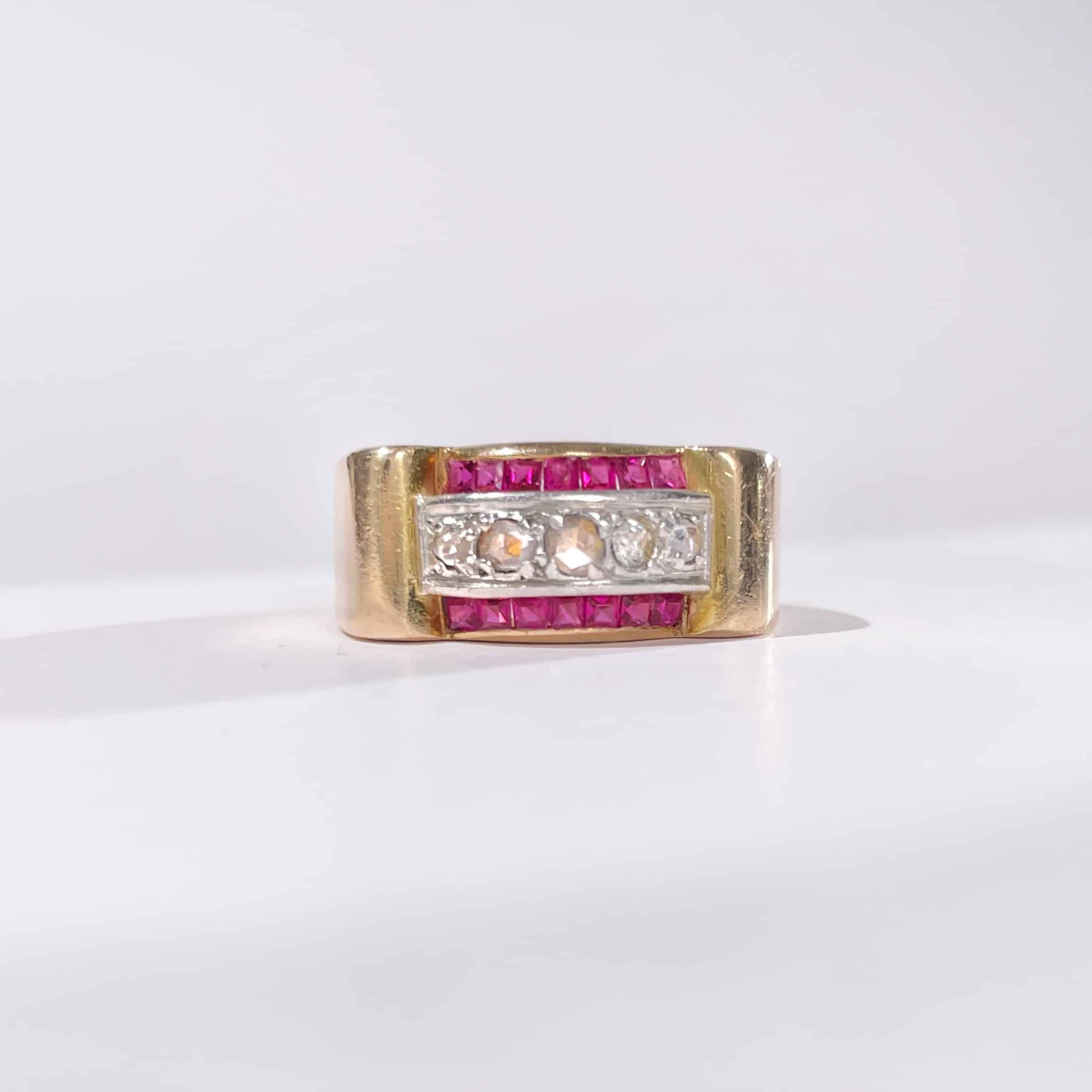 Vintage Gold Diamond Ruby Tank Ring 1