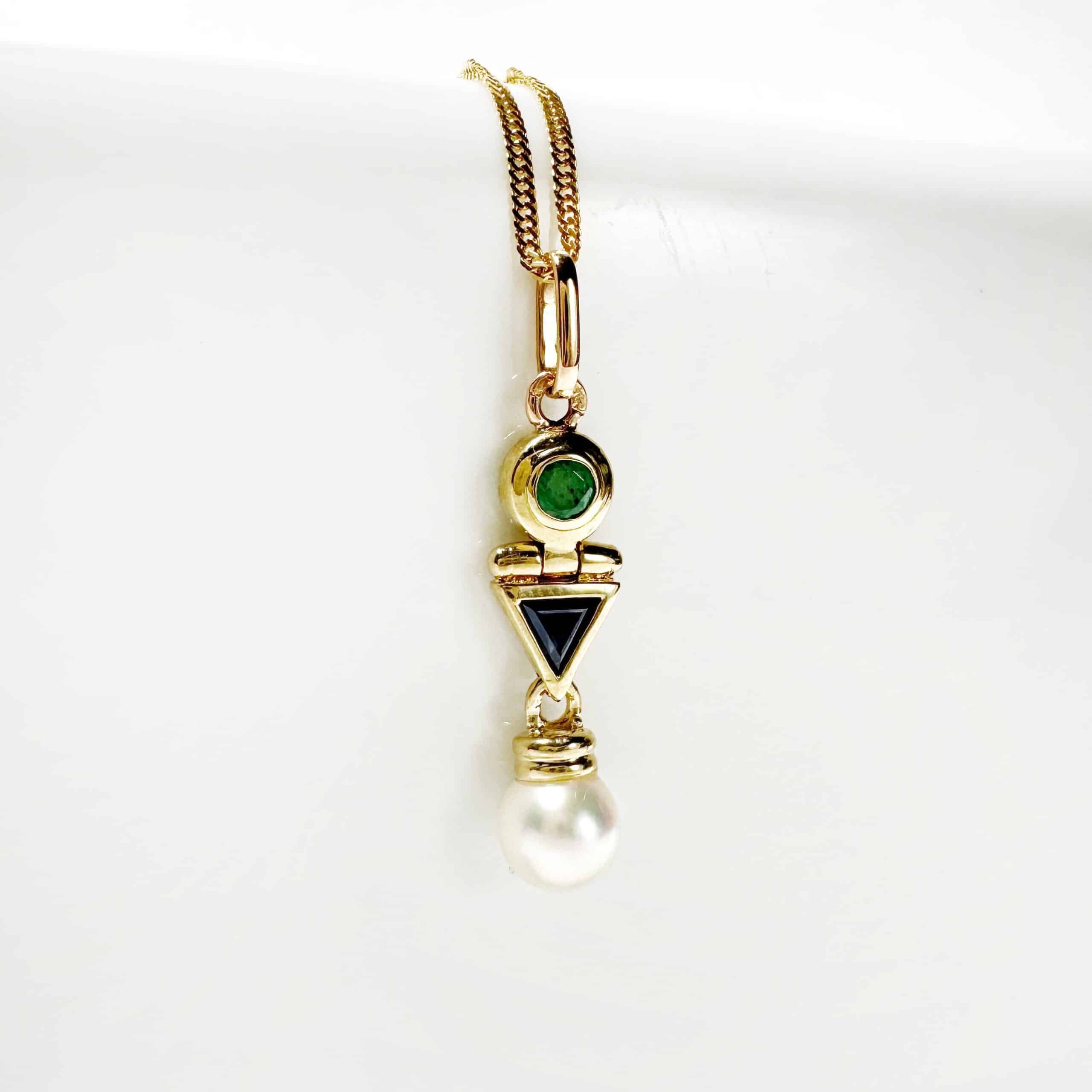 Vintage Art Deco Emerald Sapphire Pearl Pendant 2
