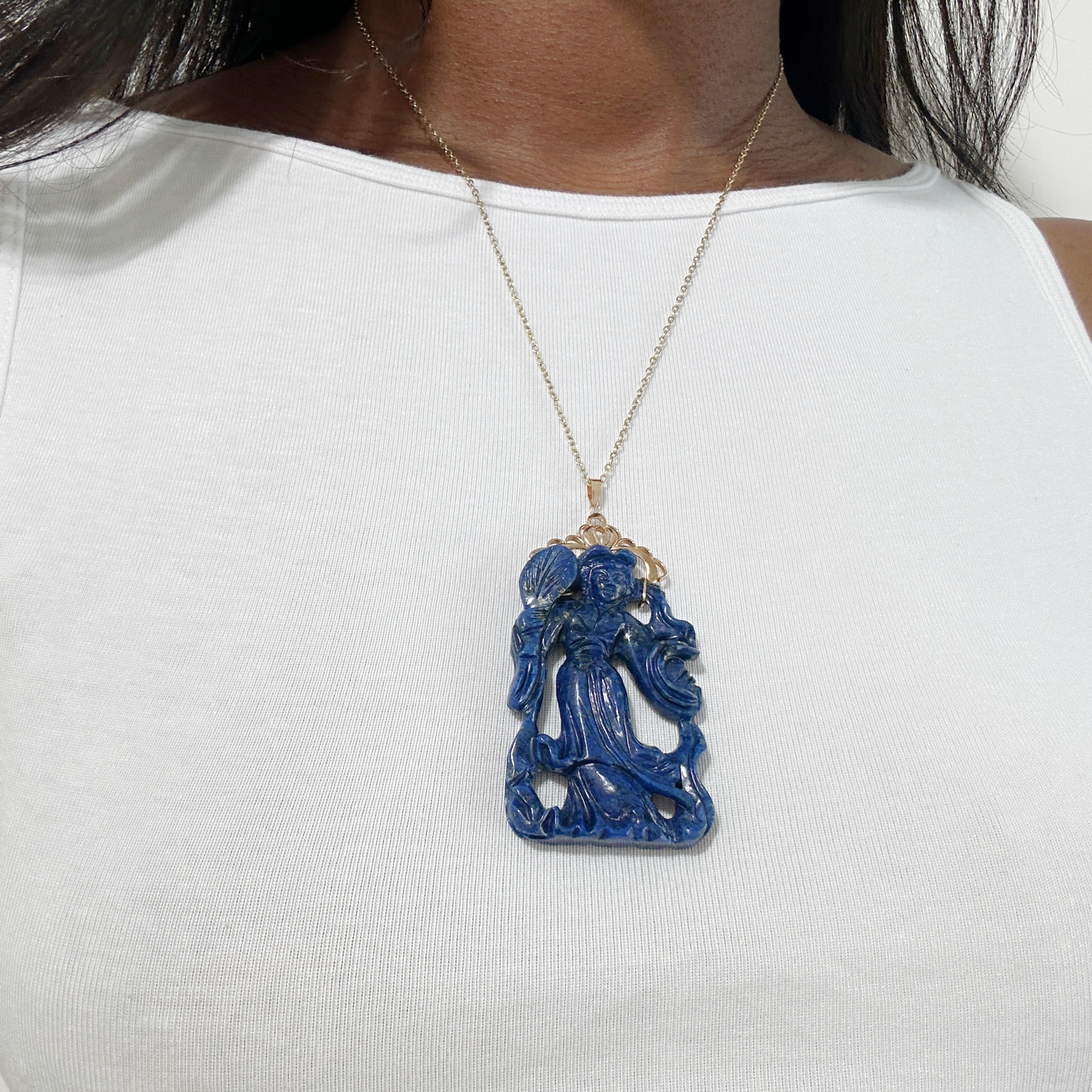 Vintage Chinese Gold Lapis Lazuli He Xiangu Pendant (10)