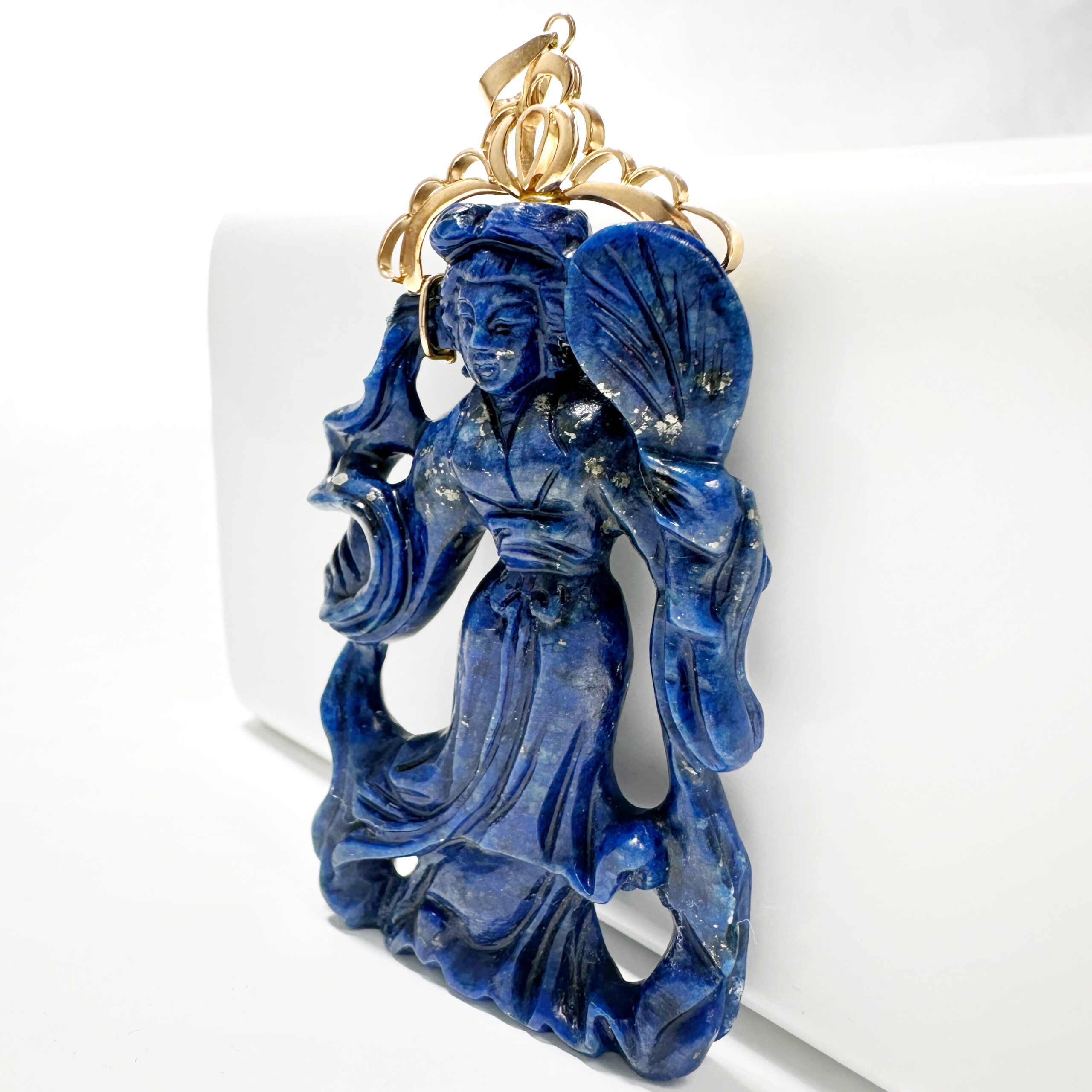 Vintage Chinese Gold Lapis Lazuli He Xiangu Pendant (2)