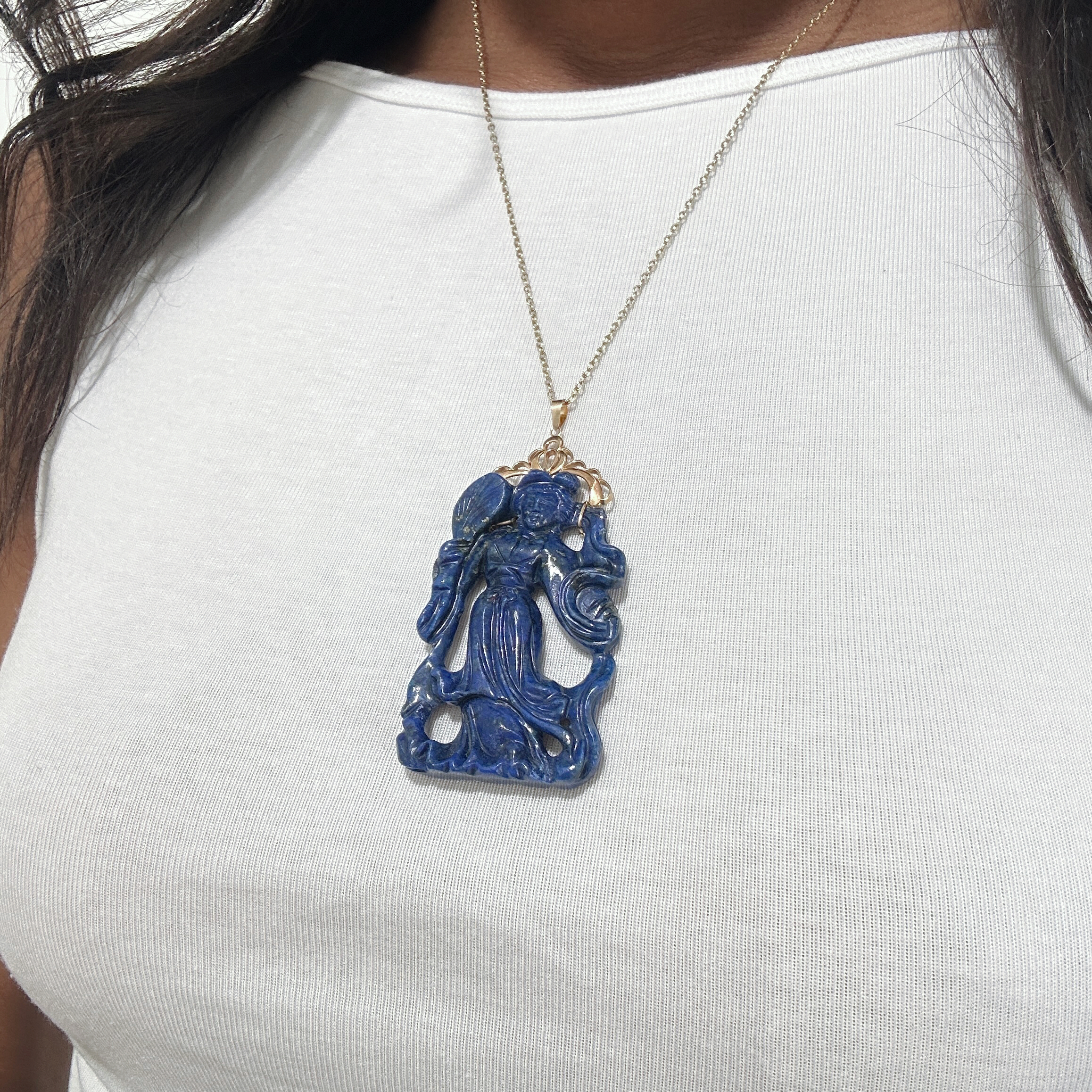 Vintage Chinese Gold Lapis Lazuli He Xiangu Pendant (2)