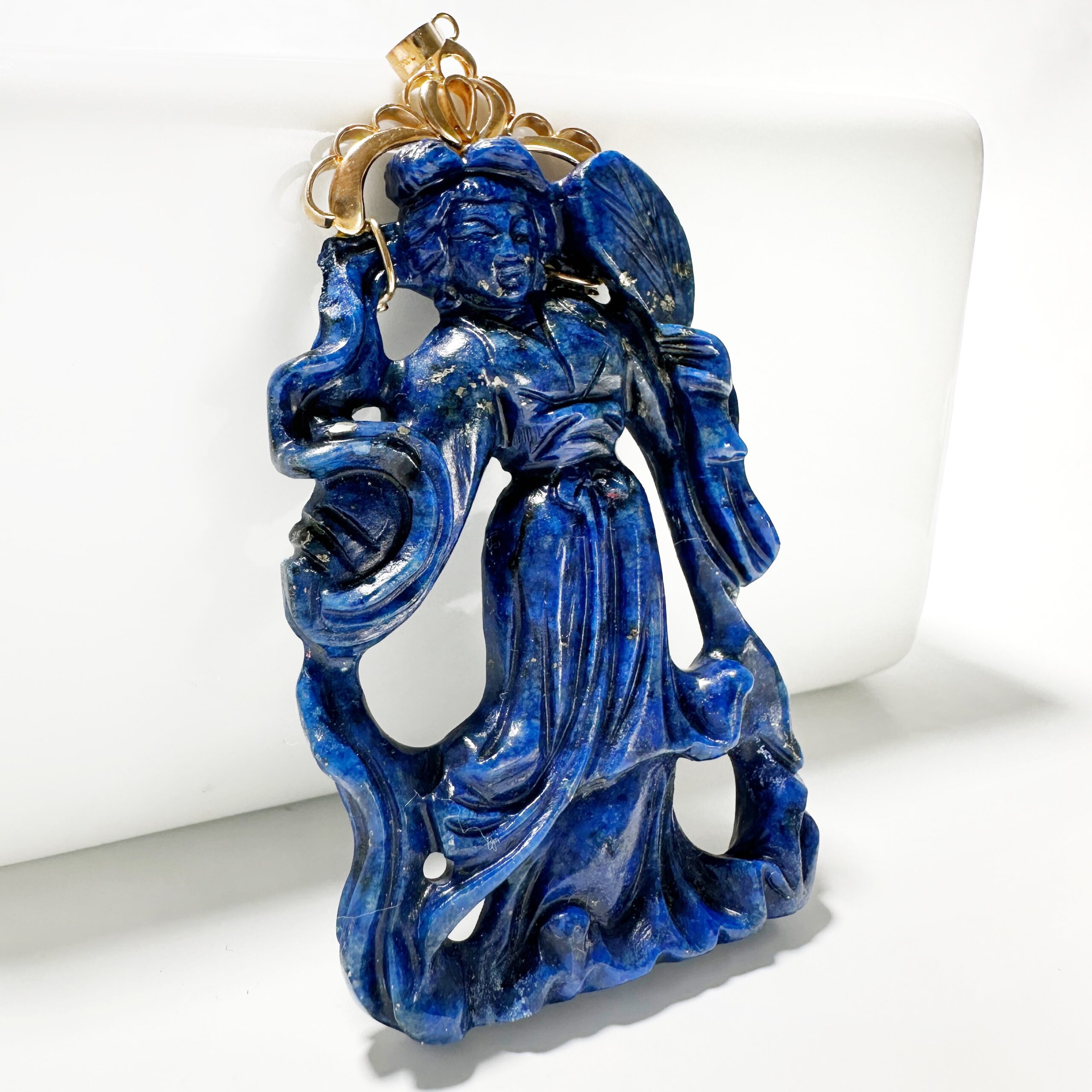 Vintage Chinese Gold Lapis Lazuli He Xiangu Pendant (3)