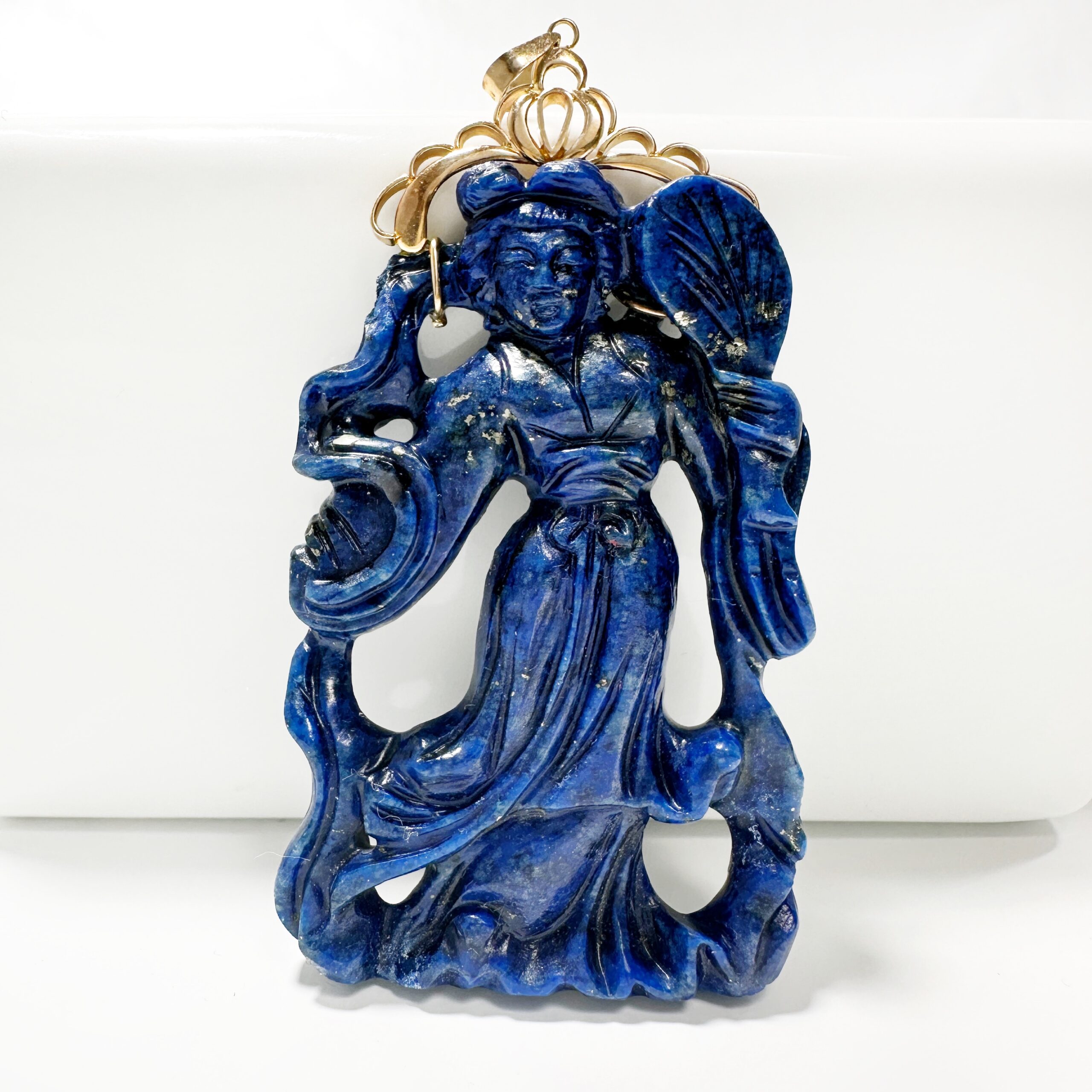 Vintage Chinese Gold Lapis Lazuli He Xiangu Pendant (4)