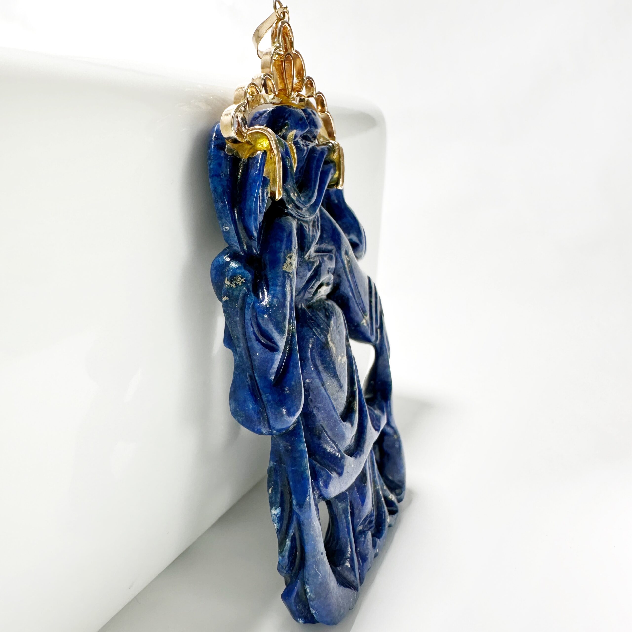 Vintage Chinese Gold Lapis Lazuli He Xiangu Pendant (5)