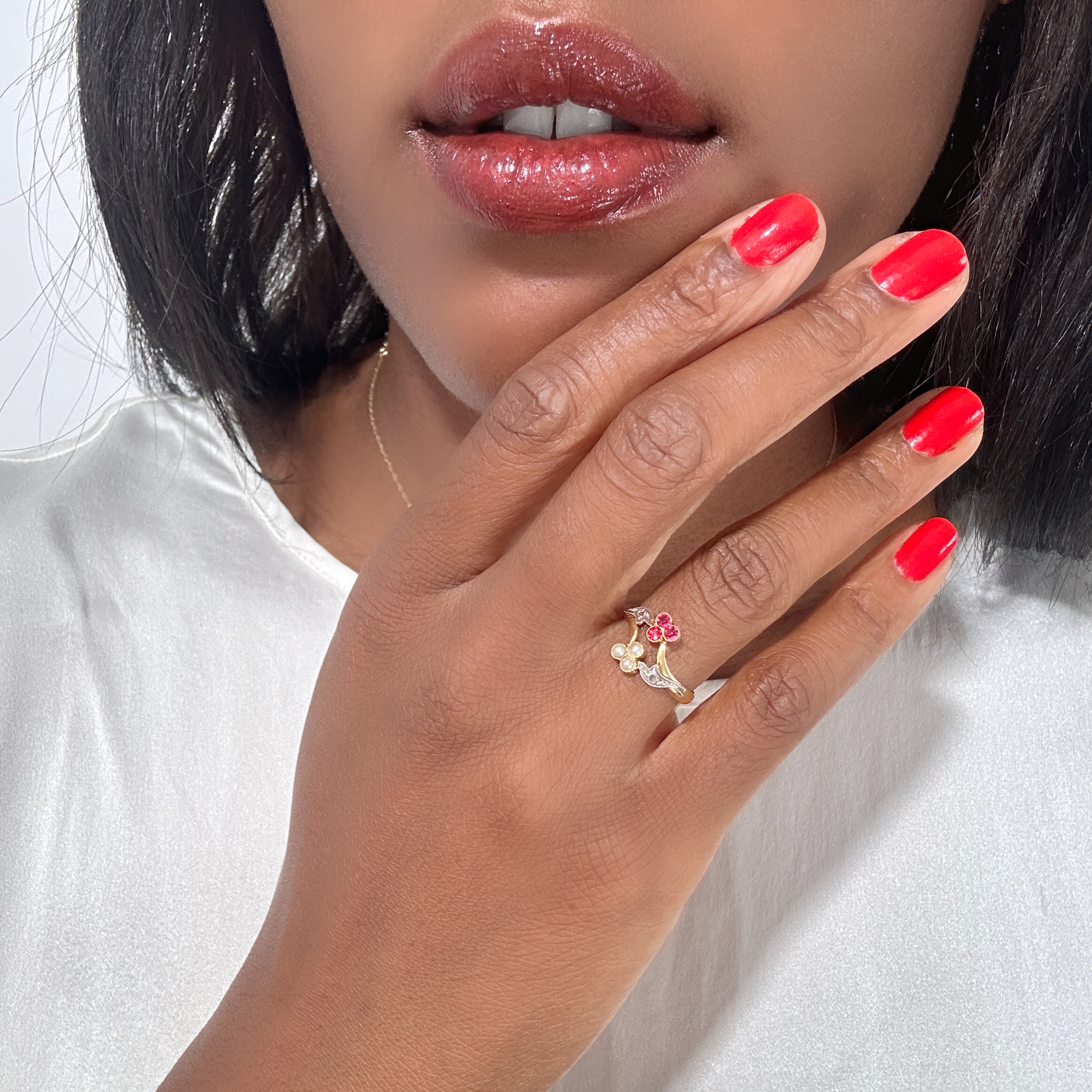 Vintage Gold Pearl And Ruby Diamond You And Me Ring (1)