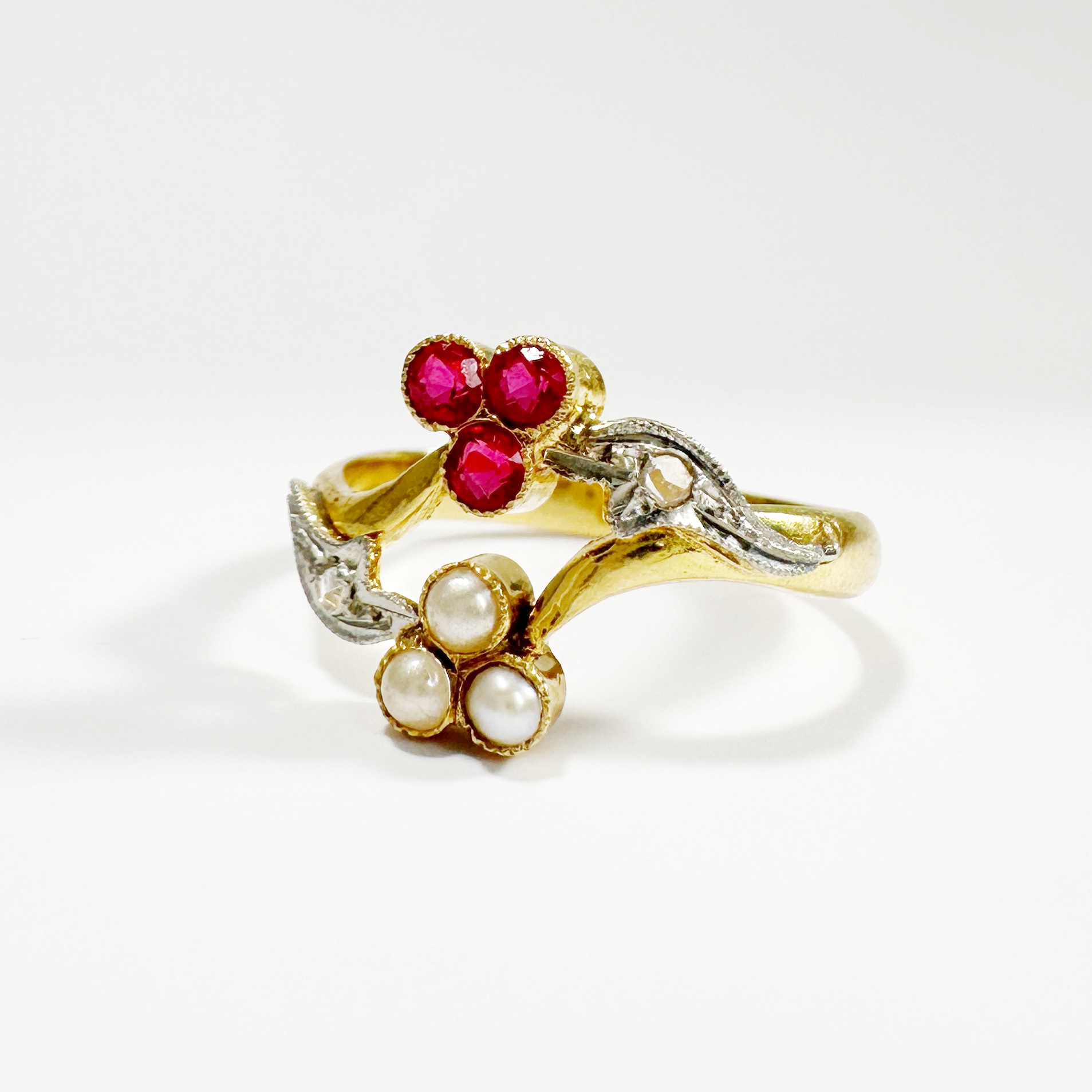 Vintage Gold Pearl And Ruby Diamond You And Me Ring (1)