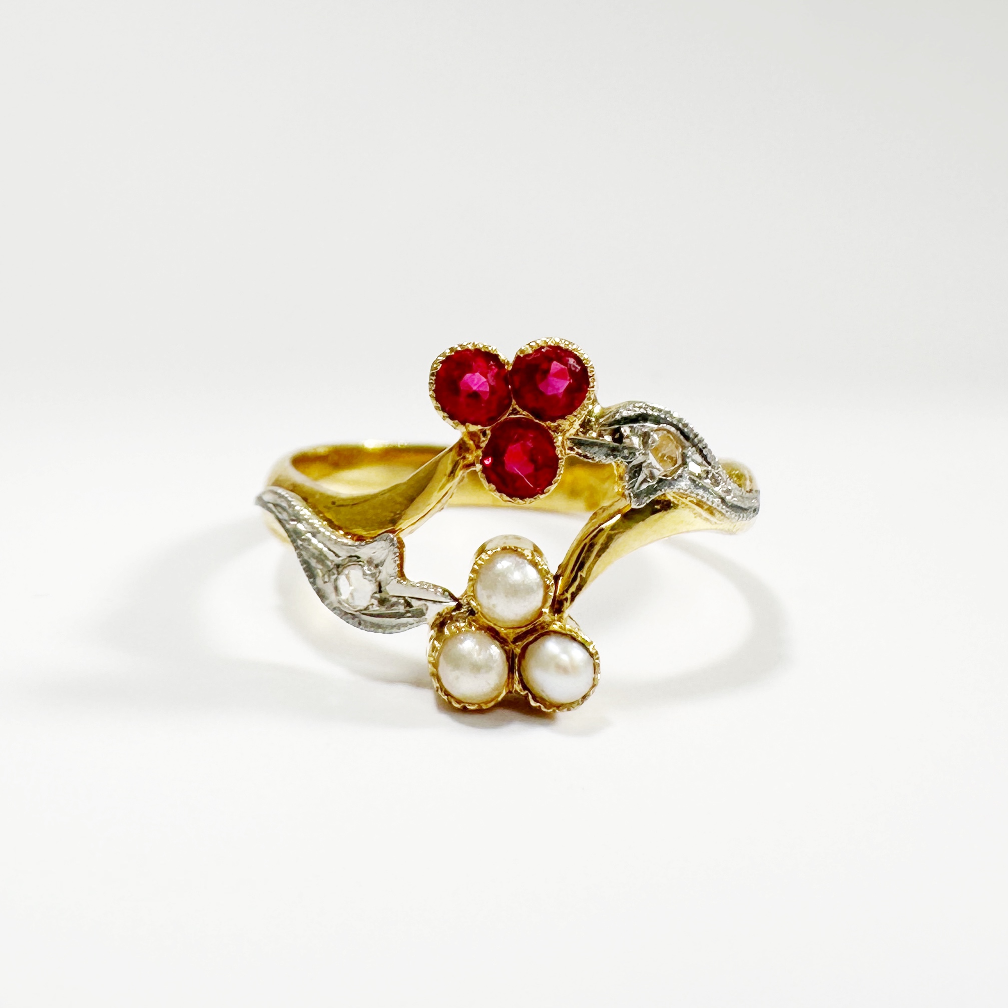 Vintage Gold Pearl And Ruby Diamond You And Me Ring (4)