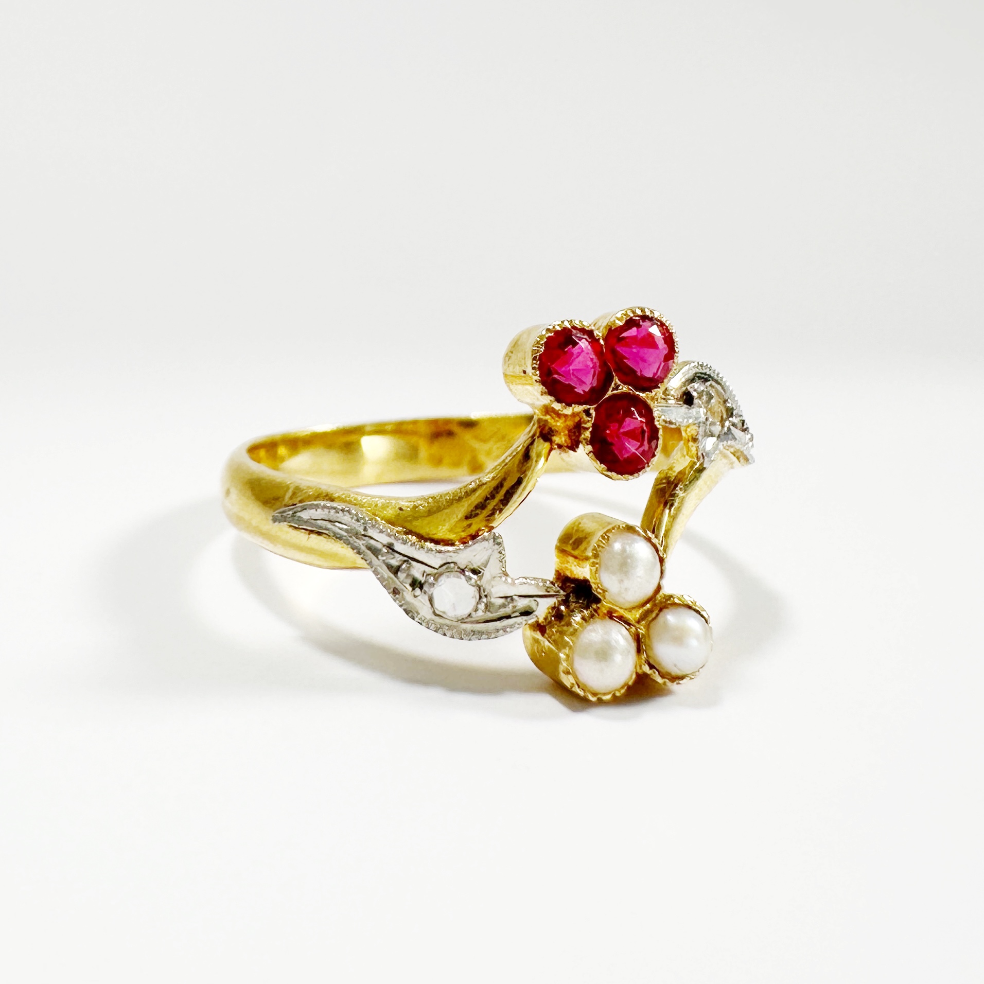 Vintage Gold Pearl And Ruby Diamond You And Me Ring (5)