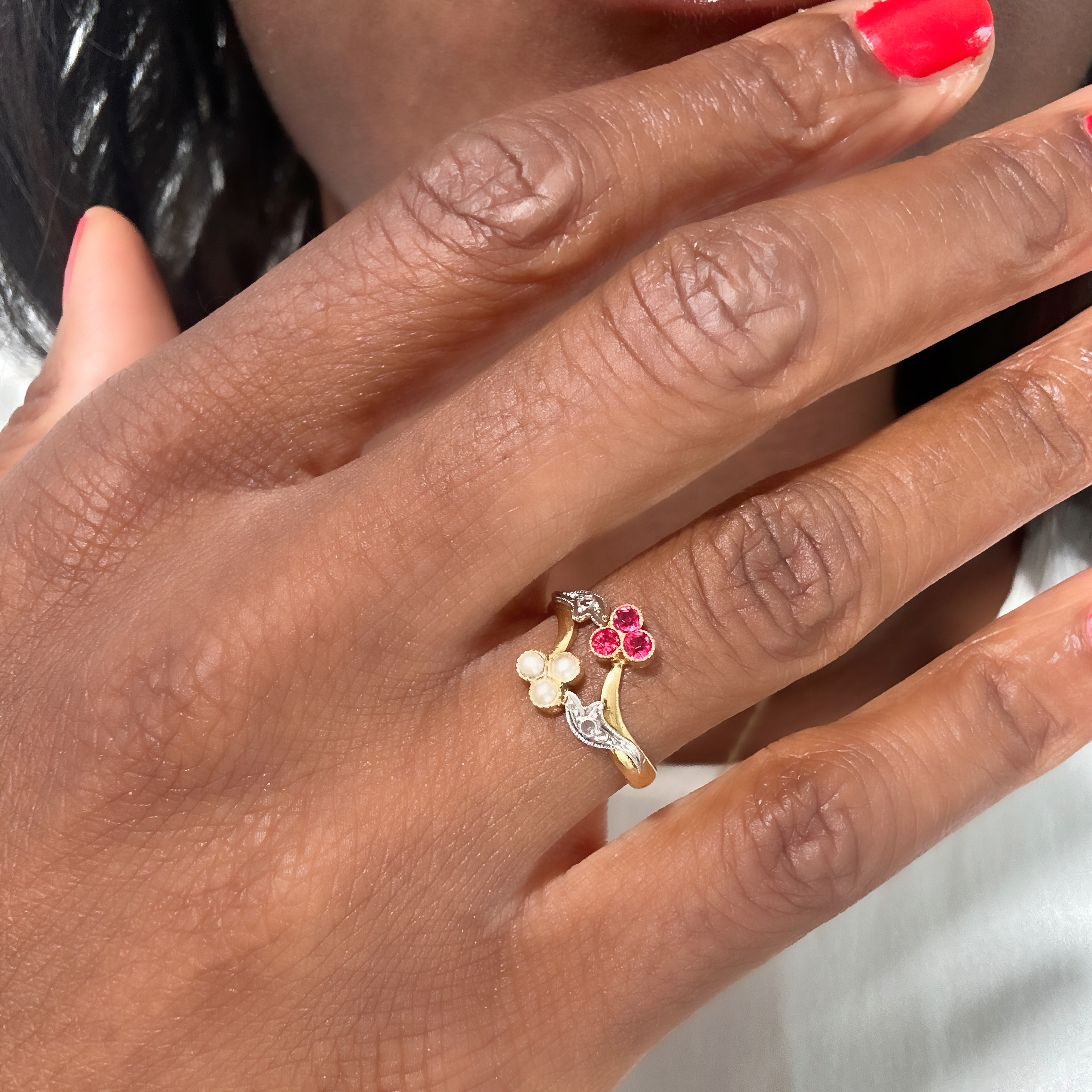 Vintage Gold Pearl And Ruby Diamond You And Me Ring