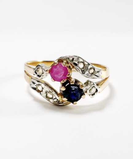 Gold, diamond, ruby and sapphire You and Me ring "Félicie"