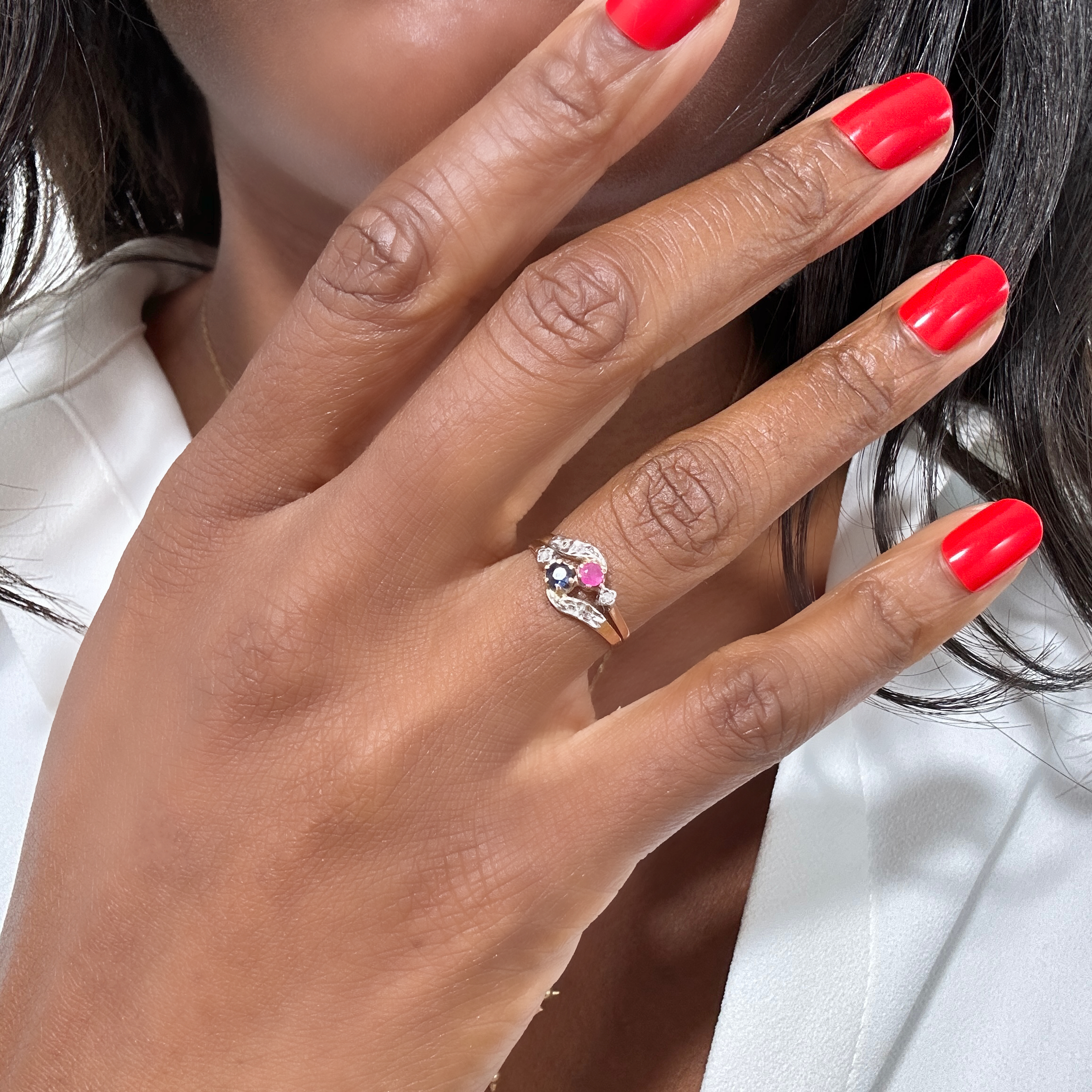 Antique Gold You And Me Ruby Saphire Ring