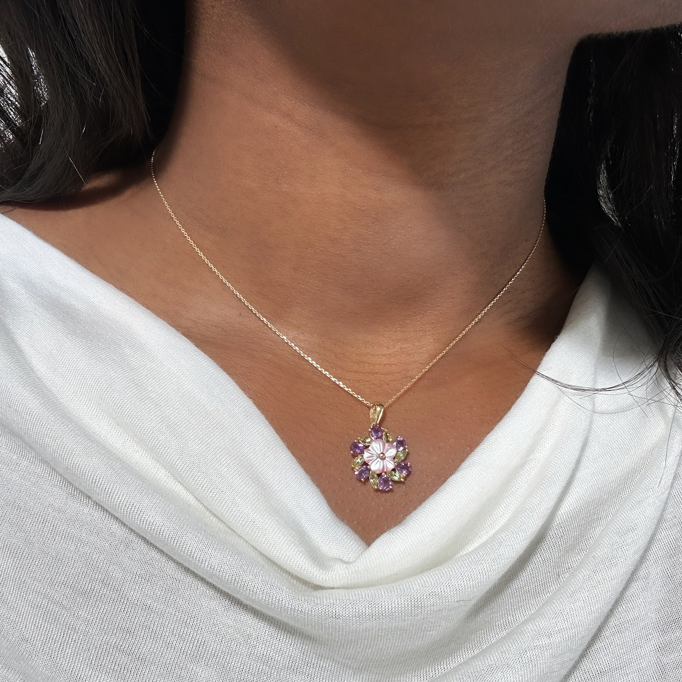 Vintage Gold Amethyst Peridot Mother Of Pearl Flower Pendant (1)