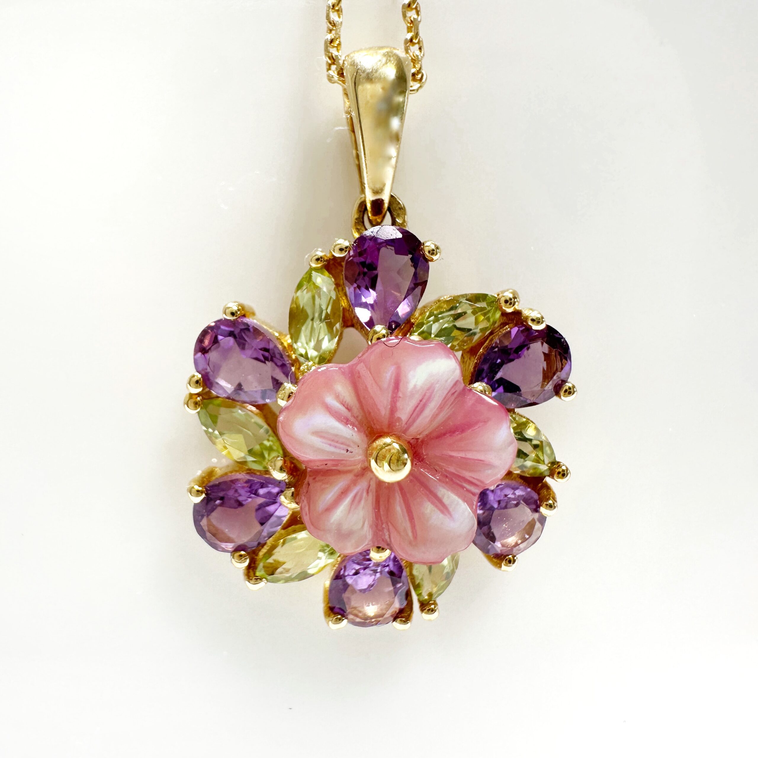 Vintage Gold Amethyst Peridot Mother Of Pearl Flower Pendant (2)