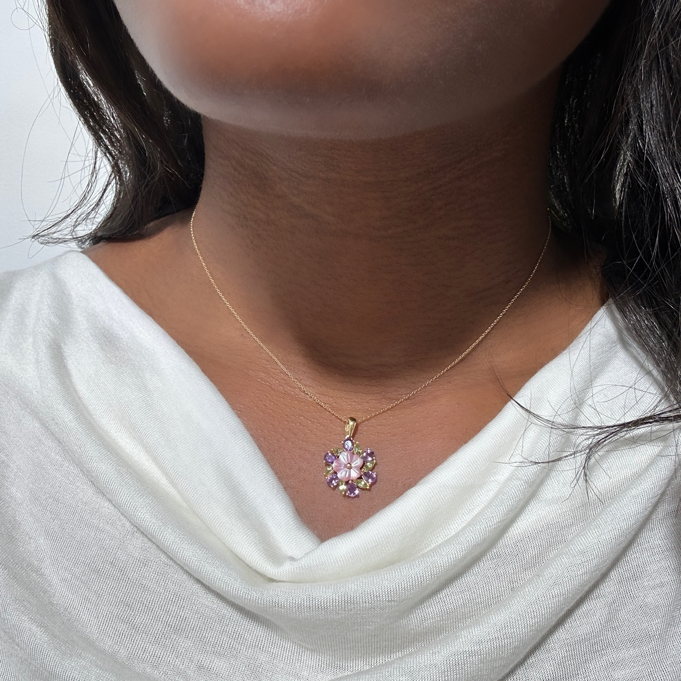 Vintage Gold Amethyst Peridot Mother Of Pearl Flower Pendant (2)