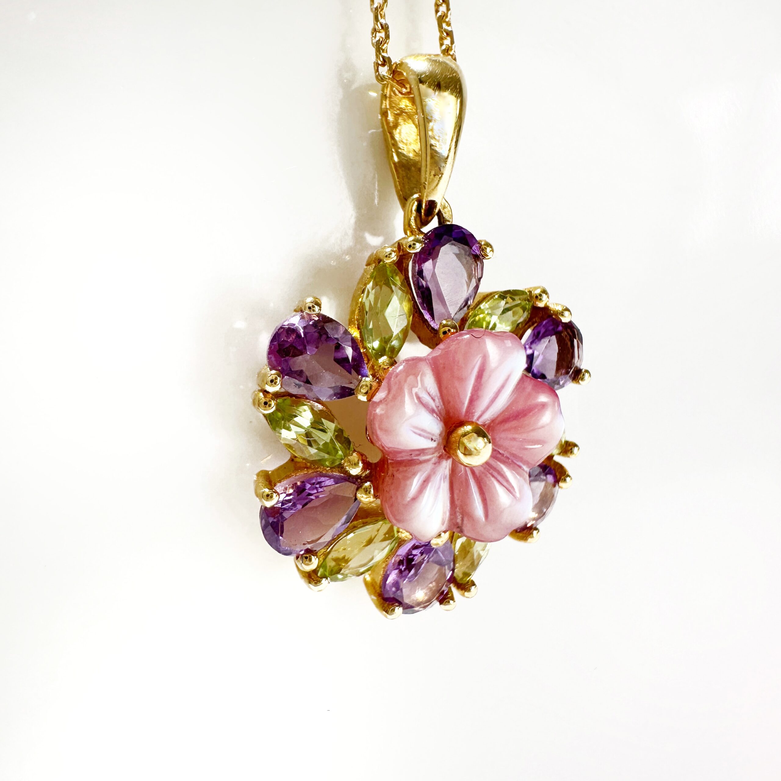 Vintage Gold Amethyst Peridot Mother Of Pearl Flower Pendant (3)