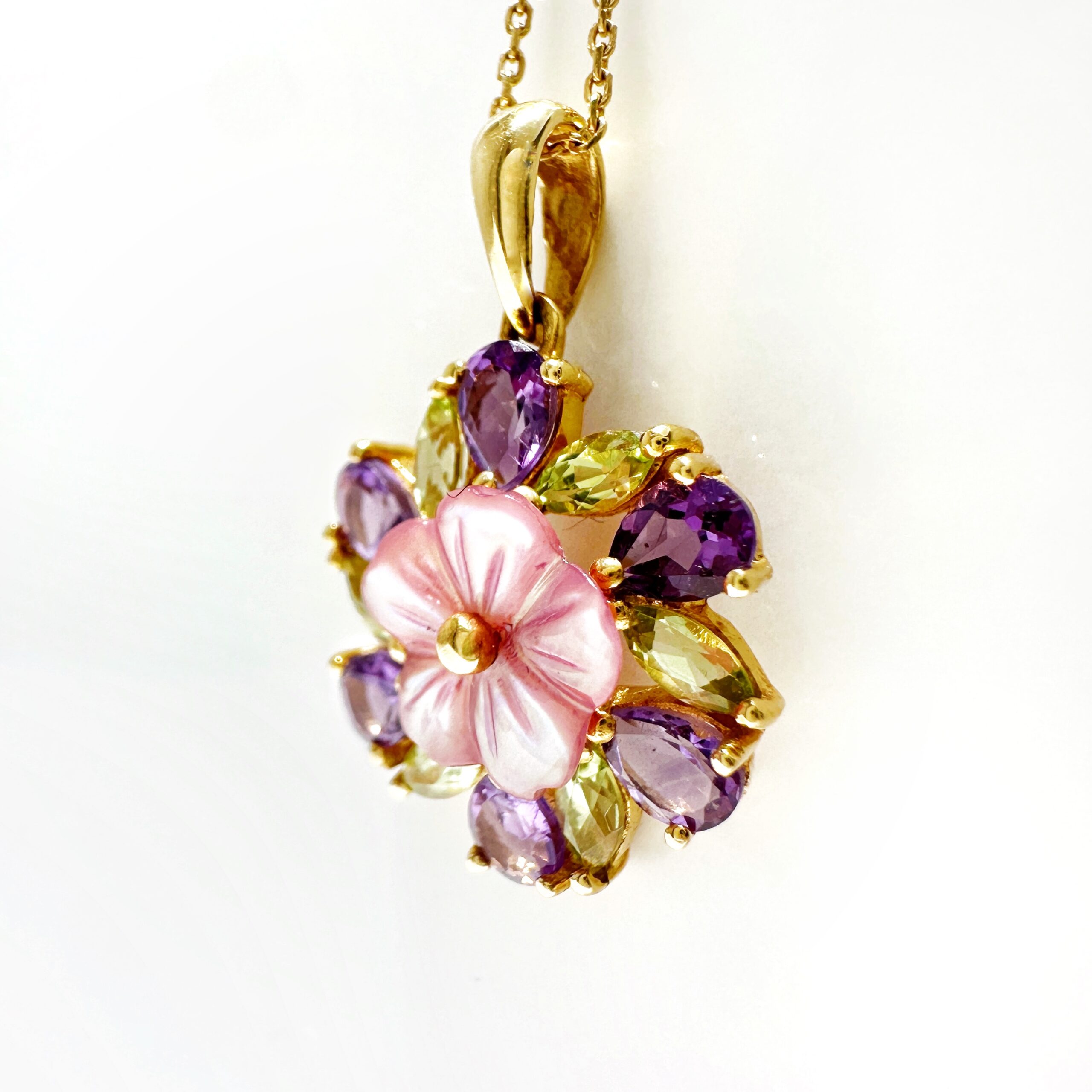 Vintage Gold Amethyst Peridot Mother Of Pearl Flower Pendant (4)