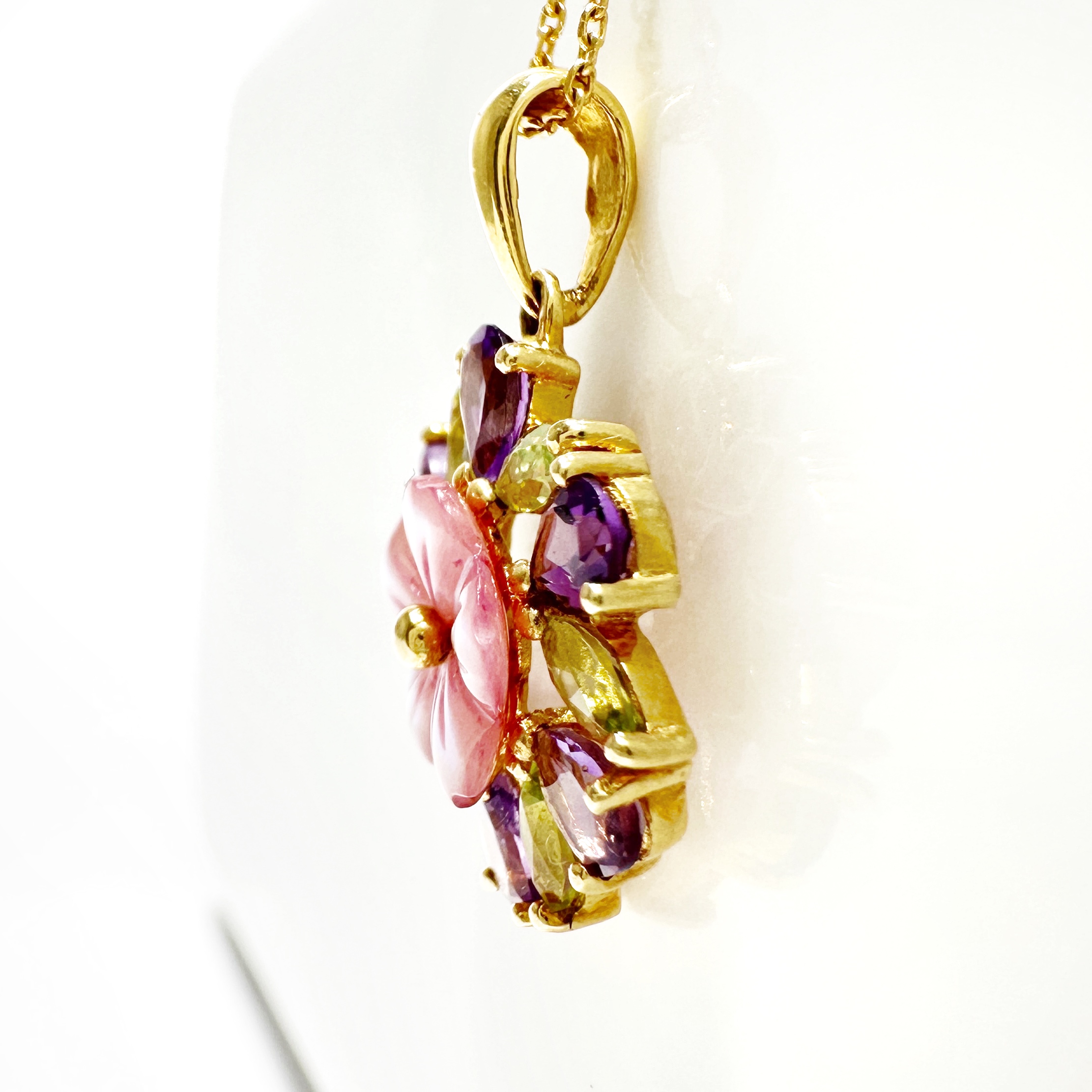 Vintage Gold Amethyst Peridot Mother Of Pearl Flower Pendant (5)