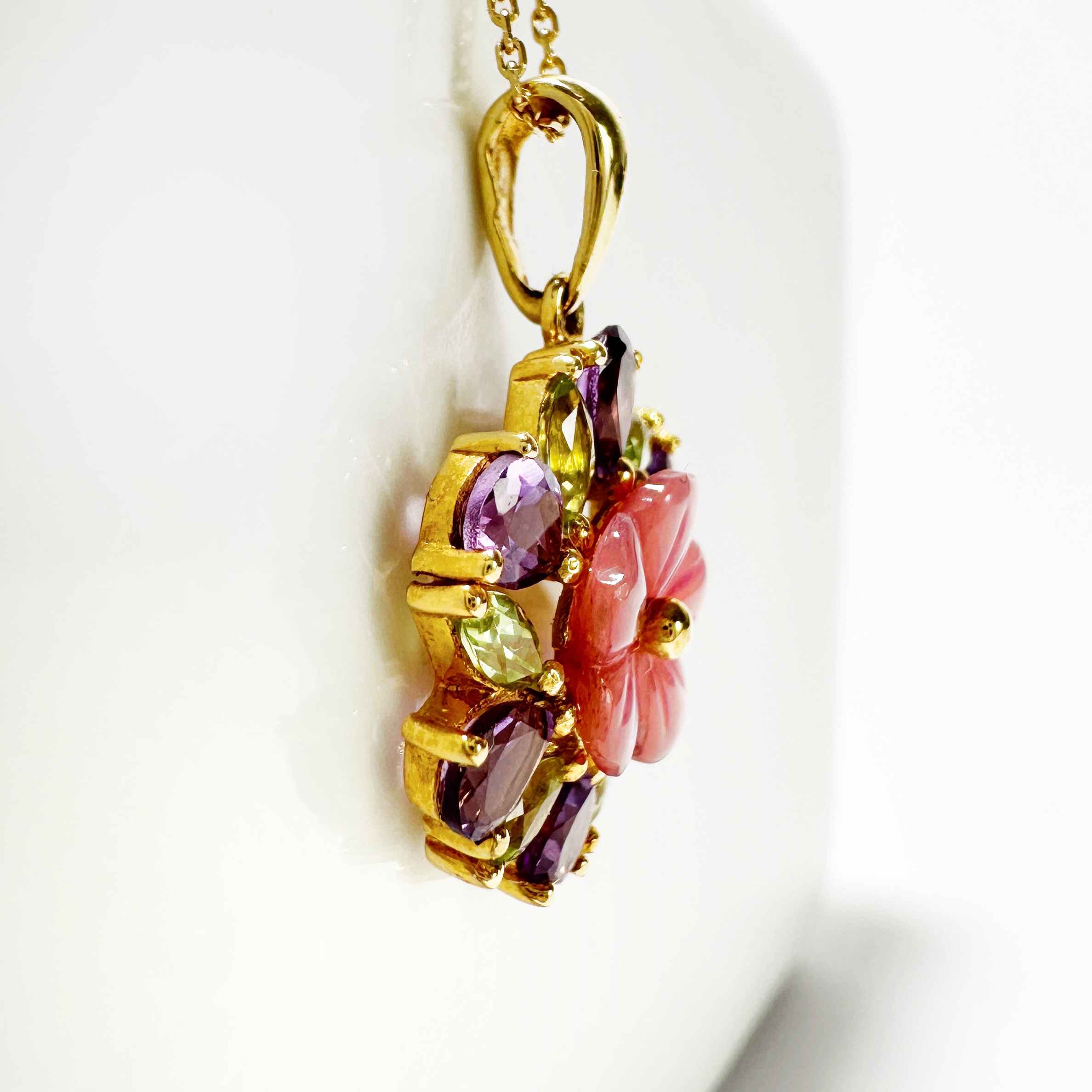 Vintage Gold Amethyst Peridot Mother Of Pearl Flower Pendant (6)