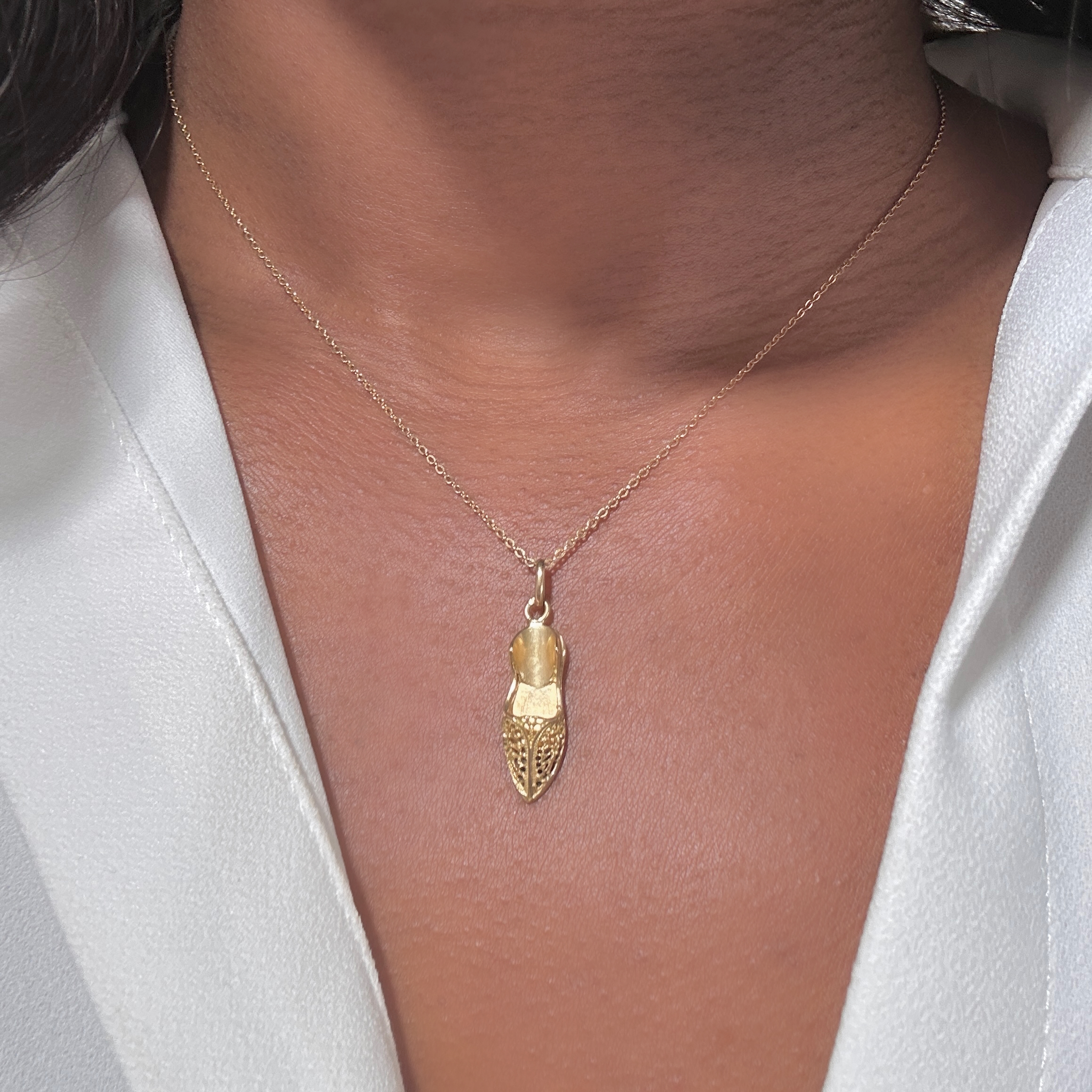 Pendentif Vintage Chaussure Babouche En Or 14 Carats émaillé - Collier Mi-long