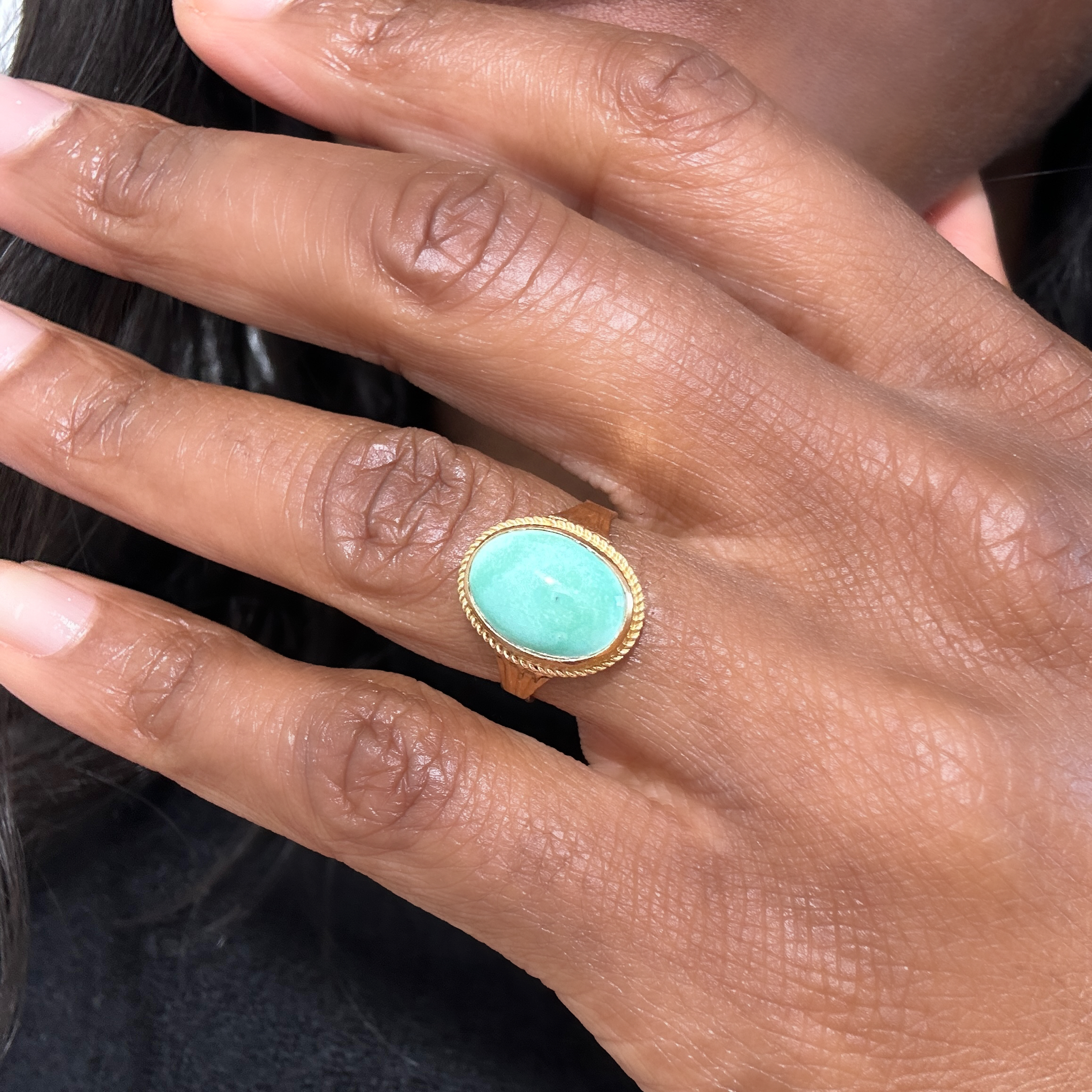 Bague Anneau En Argent Massif Taille 55 - Sertie D'une Calcédoine Verte Ovale, Occasion Très Bon état
