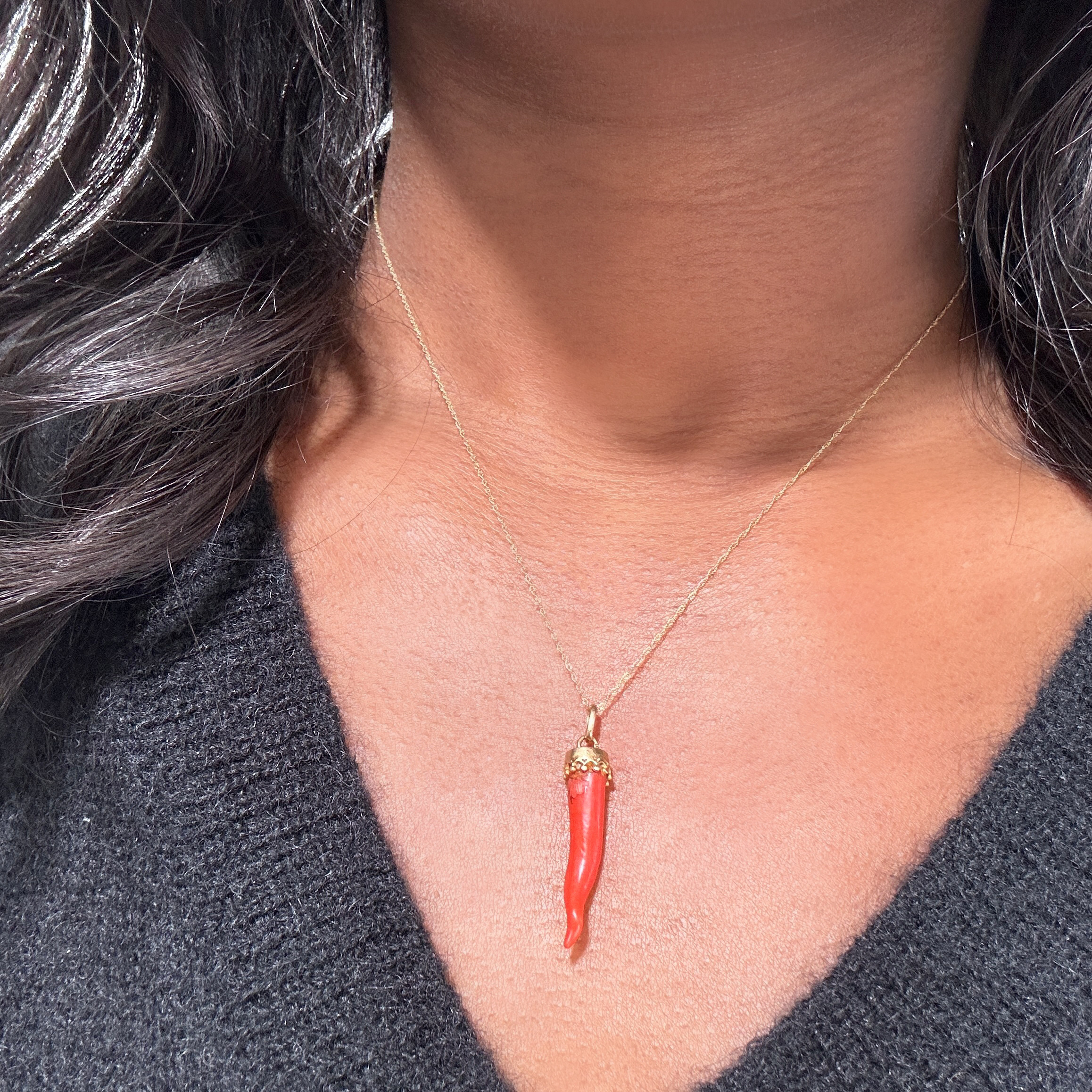 Gold and coral Cornicello pepper lucky pendant 