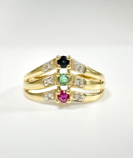 Bague chevron tutti frutti or, rubis, saphir, émeraude et diamants "Arline"