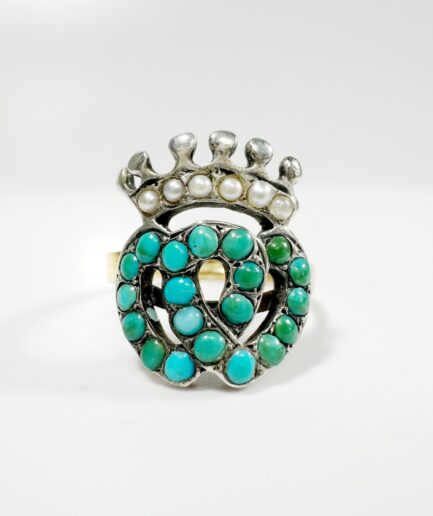 Bague cœur Vendéen or, argent, turquoise et perles "Aymée"