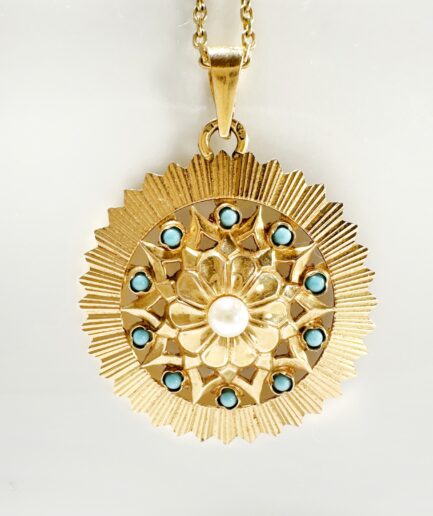 Pendentif médaillon or, perle et turquoise "Olivia"